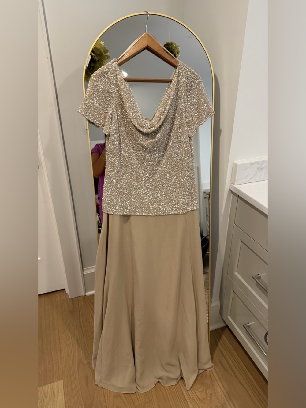 Mother of the Bride / Groom Hand Beaded Cowl Neck Flutter Sleeve Formal Gown